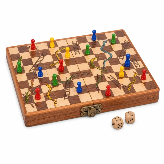 Generic Wooden Snakes and Ladders — folding board game with counters and dice